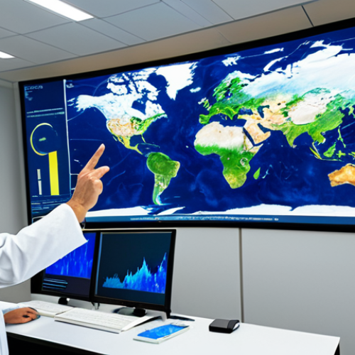 A diverse group of professional climate scientists, fully clothed in modest lab coats and professional dress, collaborate within a cutting-edge climate research laboratory. The lab features large, holographic displays showing intricate climate models, dynamic weather patterns over the Iberian Peninsula and South America, and complex data visualizations. One scientist points to a screen showing AI-optimized climate projections, while others observe intently. The atmosphere is focused and innovative, with a sense of groundbreaking discovery. This image should have perfect anatomy, correct proportions, natural pose, well-formed hands, proper finger count, natural body proportions, professional photography, high quality, ultra-detailed, realistic, and cinematic lighting. It must be safe for work, appropriate content, fully clothed, and professional.