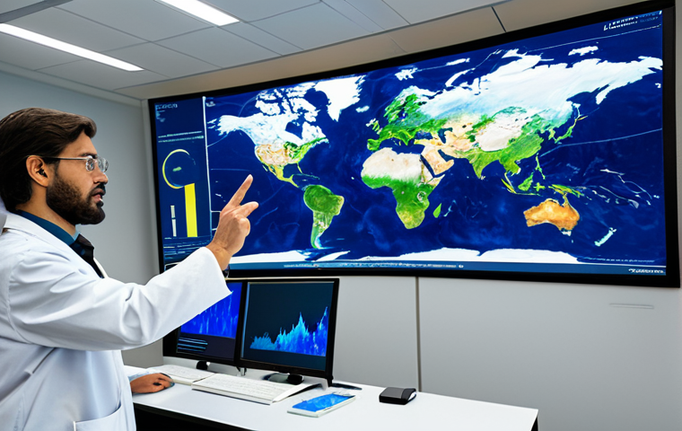 A diverse group of professional climate scientists, fully clothed in modest lab coats and professional dress, collaborate within a cutting-edge climate research laboratory. The lab features large, holographic displays showing intricate climate models, dynamic weather patterns over the Iberian Peninsula and South America, and complex data visualizations. One scientist points to a screen showing AI-optimized climate projections, while others observe intently. The atmosphere is focused and innovative, with a sense of groundbreaking discovery. This image should have perfect anatomy, correct proportions, natural pose, well-formed hands, proper finger count, natural body proportions, professional photography, high quality, ultra-detailed, realistic, and cinematic lighting. It must be safe for work, appropriate content, fully clothed, and professional.