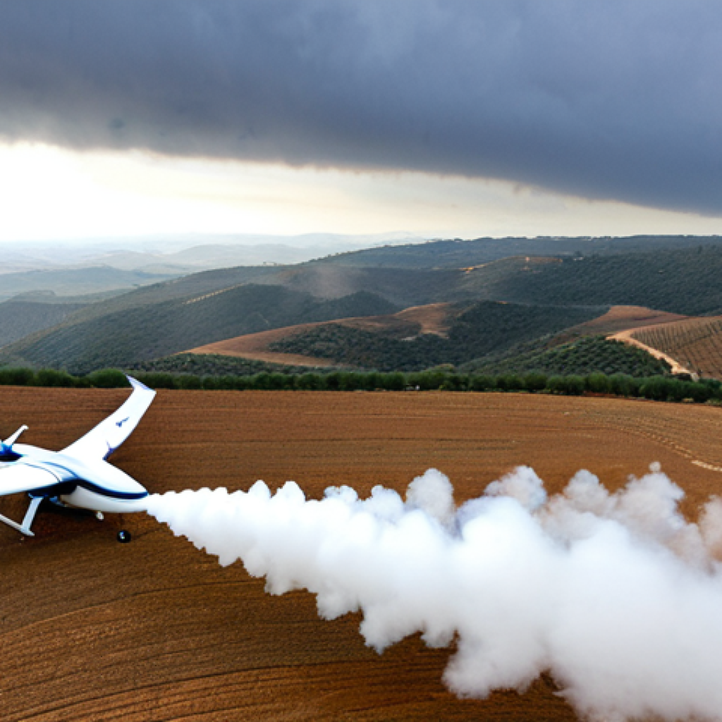 Cloud Seeding Drone Over a Dry Landscape**

"A state-of-the-art drone, fully equipped for cloud seeding, flying over a parched, drought-stricken landscape in Portugal. The drone is deploying a fine mist. In the background, dramatic clouds are forming. Professional photography, clear focus, high resolution, safe for work, appropriate content, fully clothed, modest, family-friendly, perfect anatomy, correct proportions, natural pose, well-formed hands, proper finger count, natural body proportions."

**