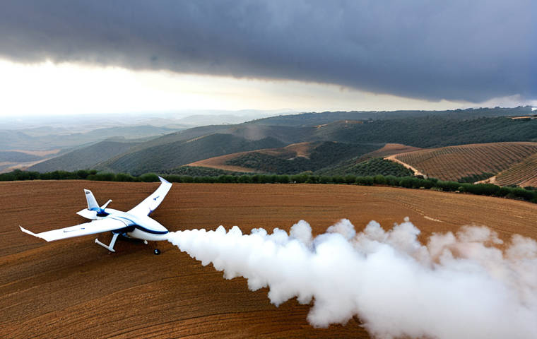 Cloud Seeding Drone Over a Dry Landscape**

"A state-of-the-art drone, fully equipped for cloud seeding, flying over a parched, drought-stricken landscape in Portugal. The drone is deploying a fine mist. In the background, dramatic clouds are forming. Professional photography, clear focus, high resolution, safe for work, appropriate content, fully clothed, modest, family-friendly, perfect anatomy, correct proportions, natural pose, well-formed hands, proper finger count, natural body proportions."

**