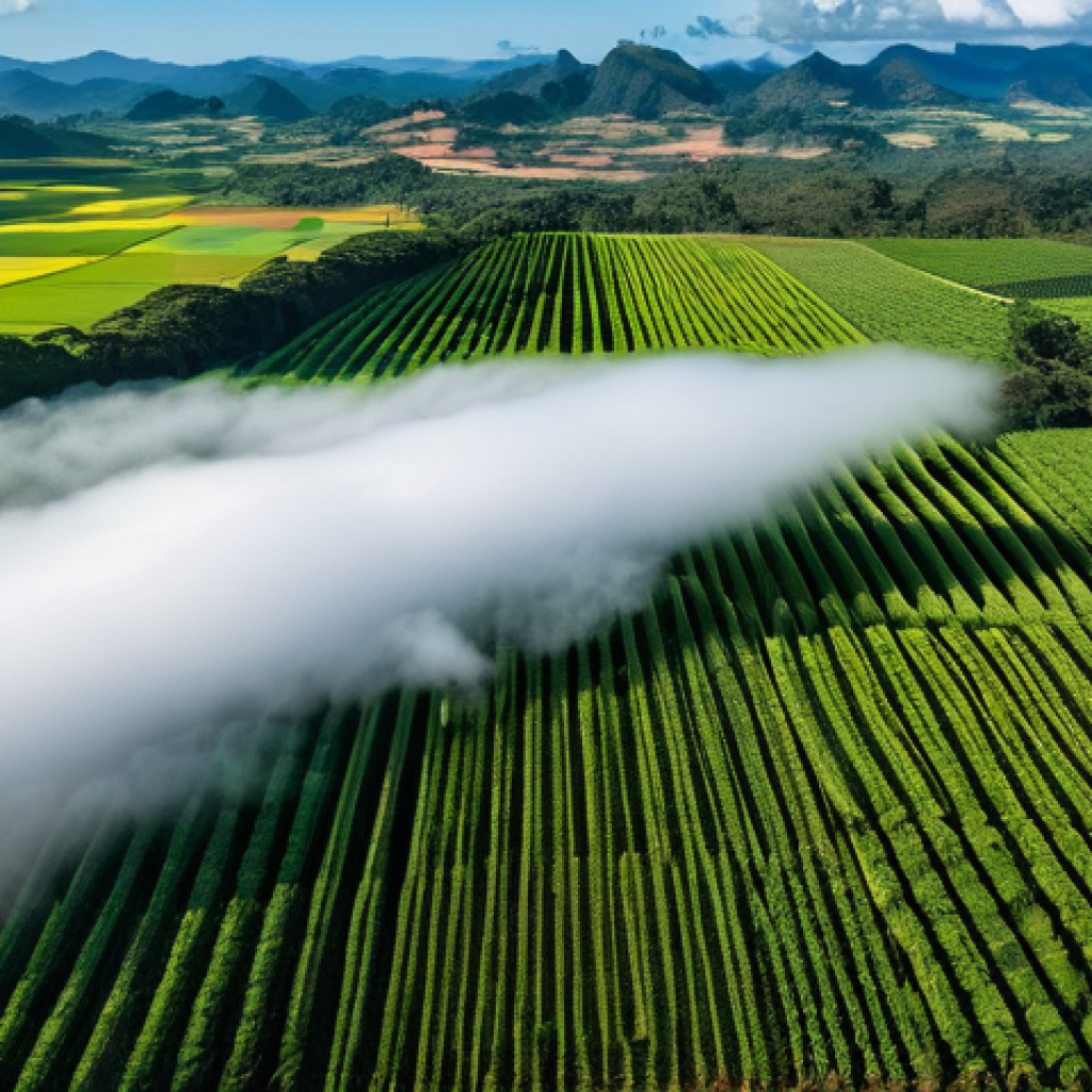 기상조절 기술의 발전 동향 - **Prompt:** A serene, panoramic view of a vast agricultural landscape in Brazil, bathed in gentle su...
