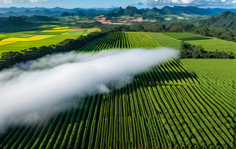 기상조절 기술의 발전 동향 - **Prompt:** A serene, panoramic view of a vast agricultural landscape in Brazil, bathed in gentle su...