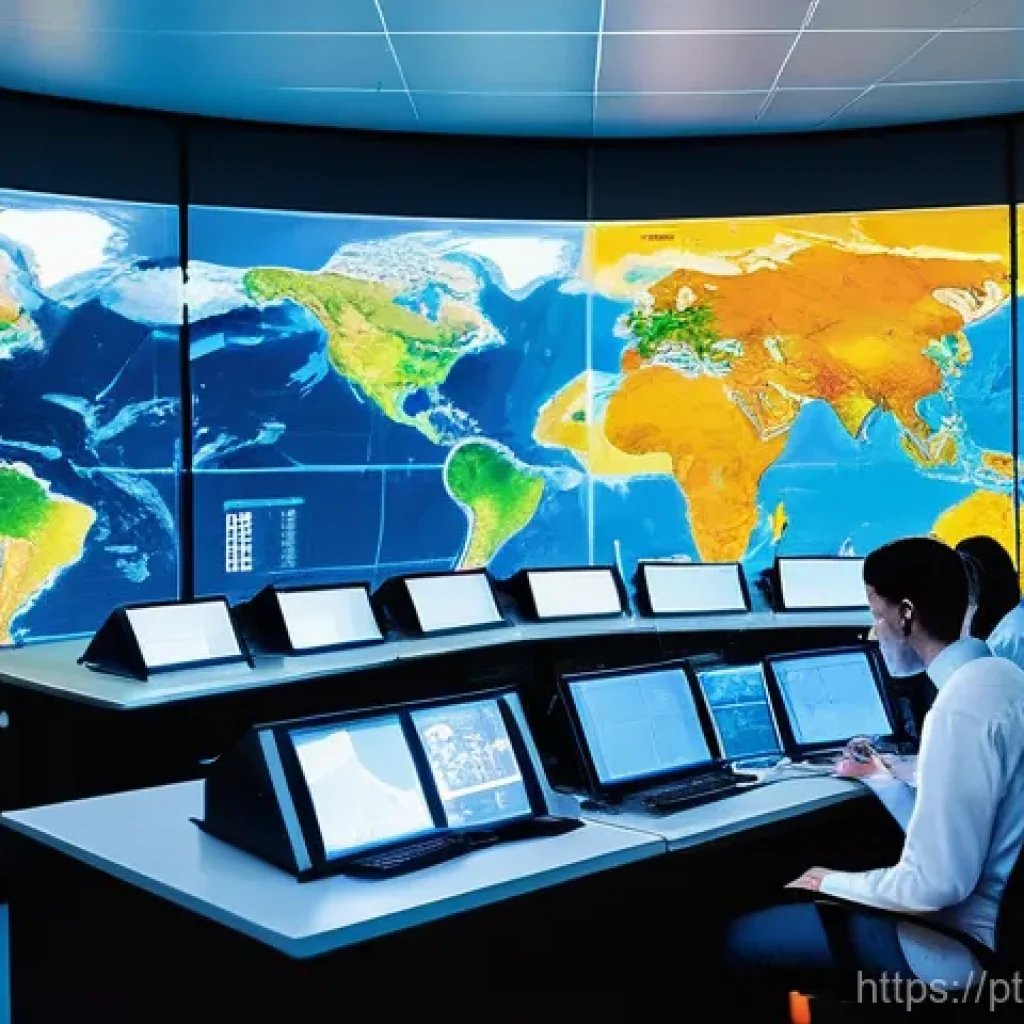 기상조절 연구의 데이터 관리 방법 - **Prompt:** "A panoramic, high-tech control room bathed in soft, cool light. In the center, a large,...