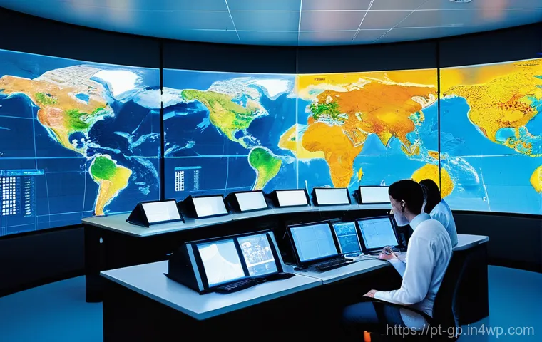 기상조절 연구의 데이터 관리 방법 - **Prompt:** "A panoramic, high-tech control room bathed in soft, cool light. In the center, a large,...