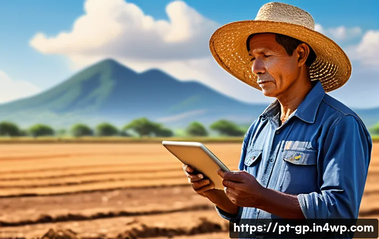 기상조절 기술의 효과적인 홍보 전략 - A detailed digital illustration of a Brazilian Northeast rural farmer wearing casual work clothes an...