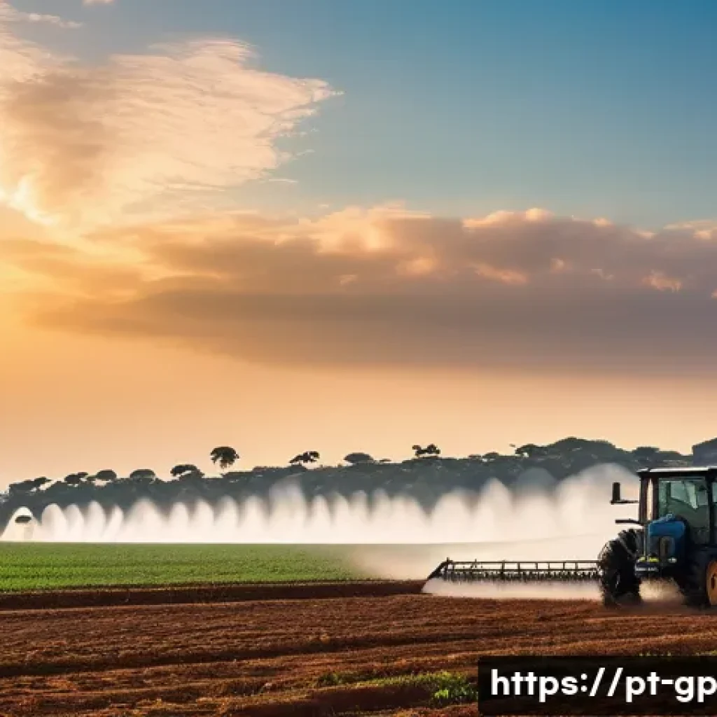 기상조절 기술의 기후 변화 대응 효과 - A high-tech Brazilian semi-arid farmland landscape during a cloud seeding operation at dawn, showing...