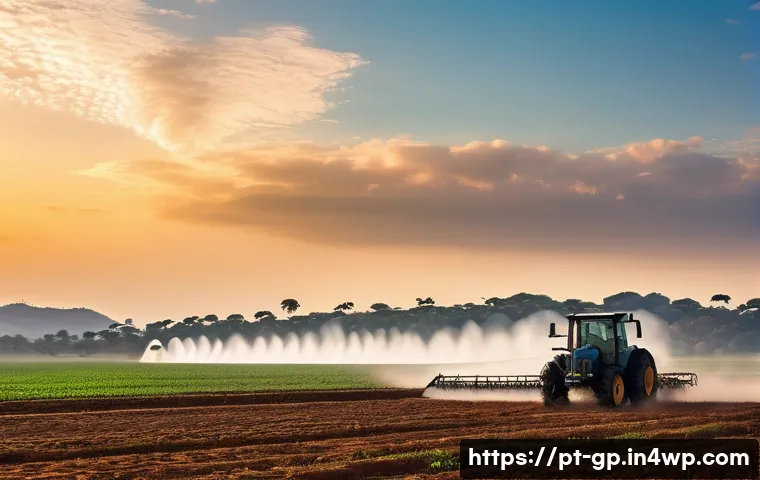 기상조절 기술의 기후 변화 대응 효과 - A high-tech Brazilian semi-arid farmland landscape during a cloud seeding operation at dawn, showing...