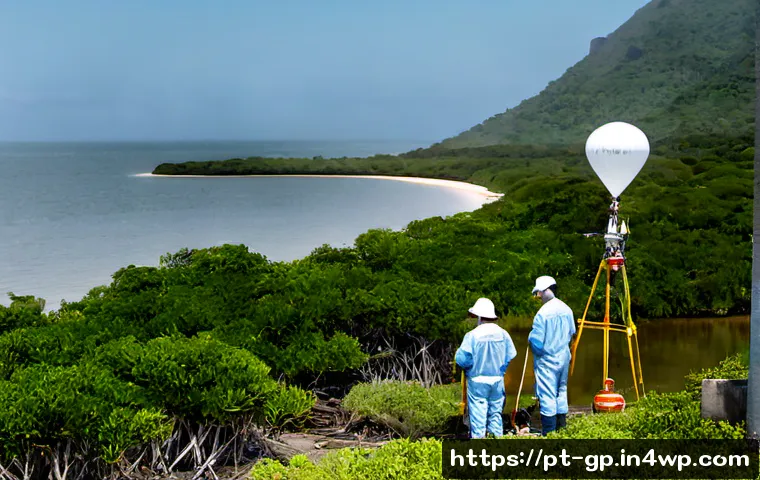 Home 17 기상조절 기술의 환경 영향 평가 - Photorealistic environmental impact assessment scene in coastal Brazil, a diverse team of scientists...